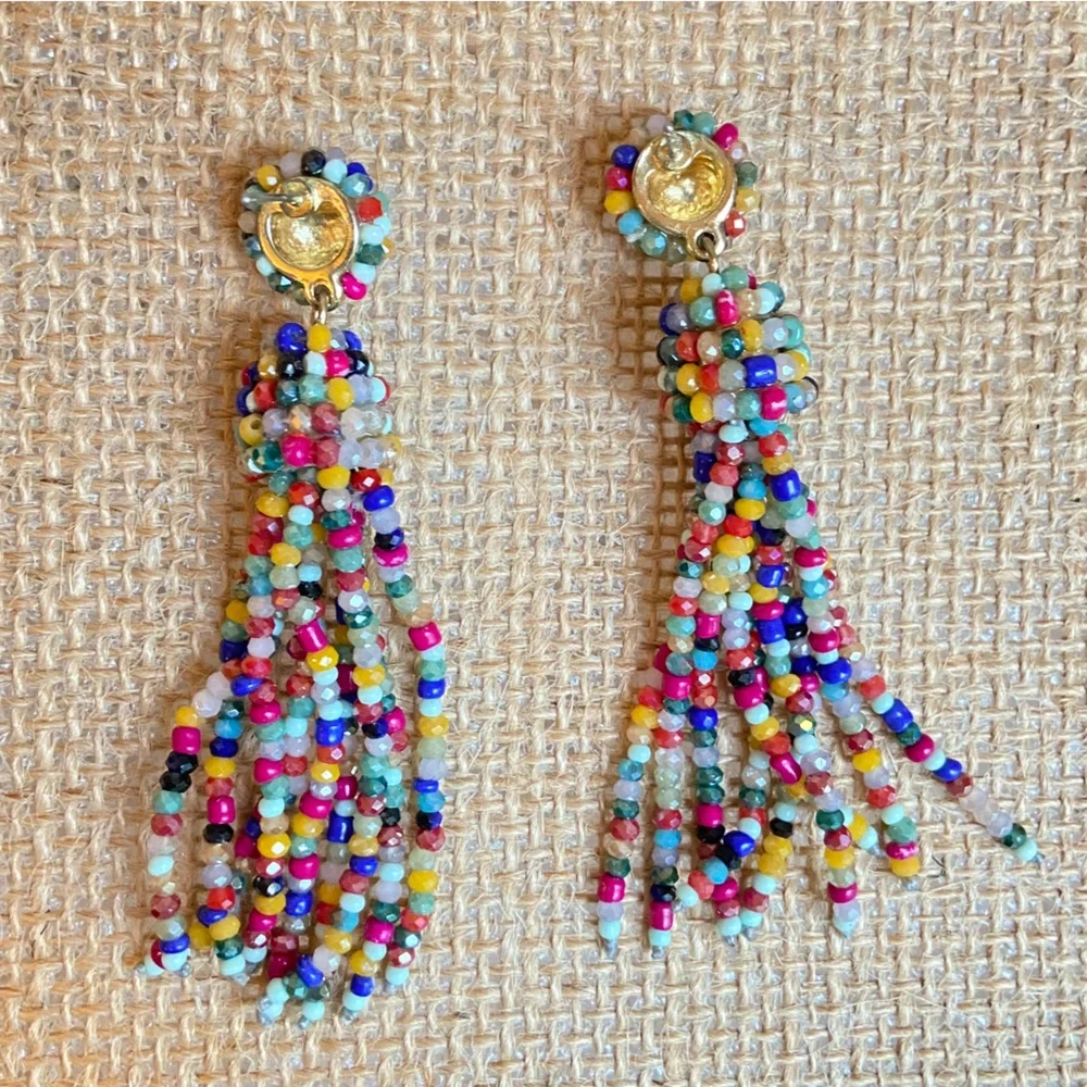 Seed bead tassel earrings pierced post and dangle sparkly and multi color